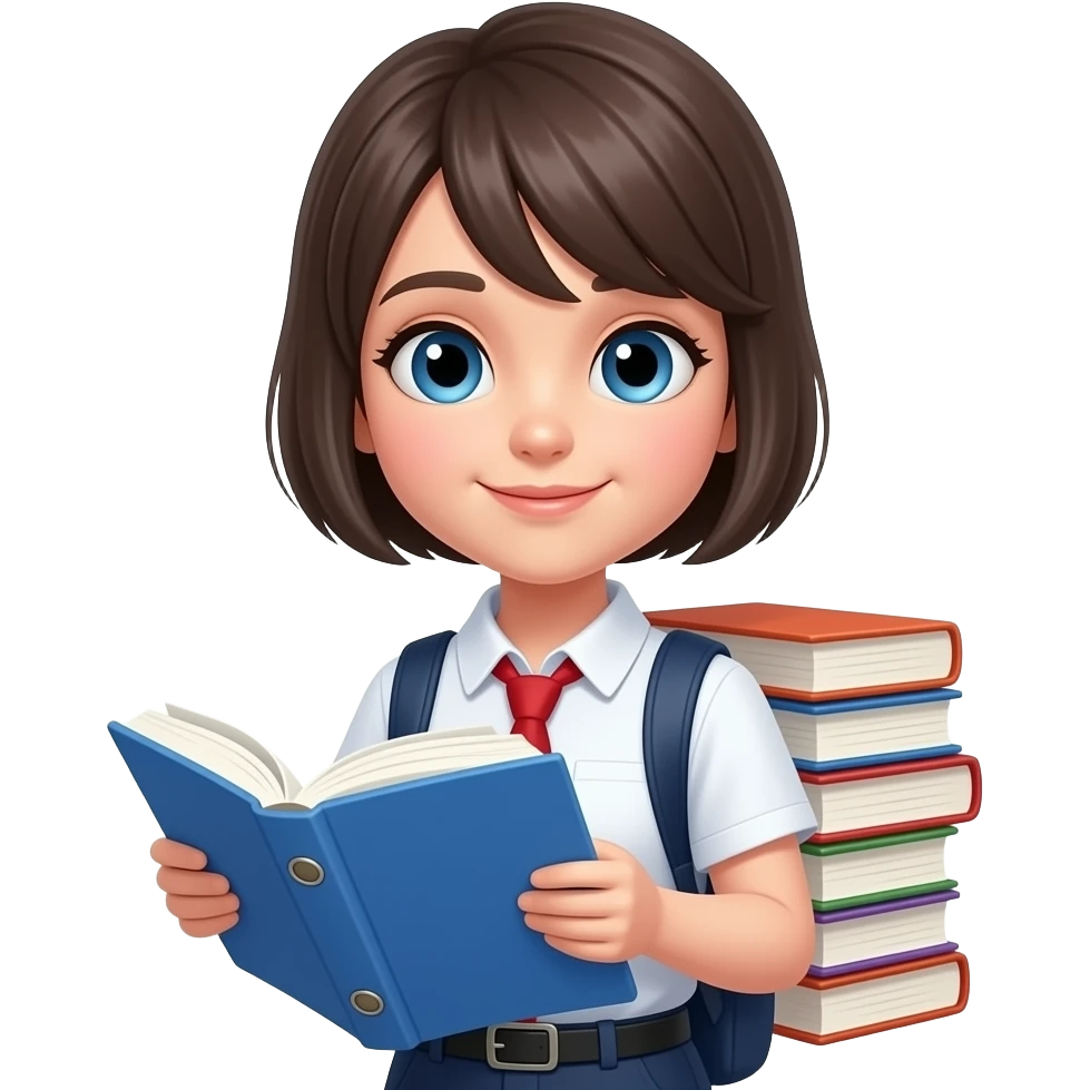 учениця з портфелим короткі волоси бес книги голубі очі emoji