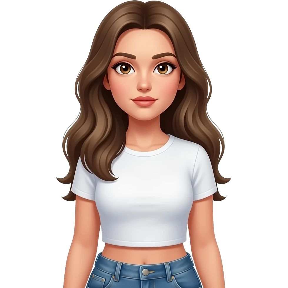 Woman thinking and looking up wearing white croped t shirt with jean pants. Brown eyes and dark blonde long hair. Very sexy and seducing eye look. emoji