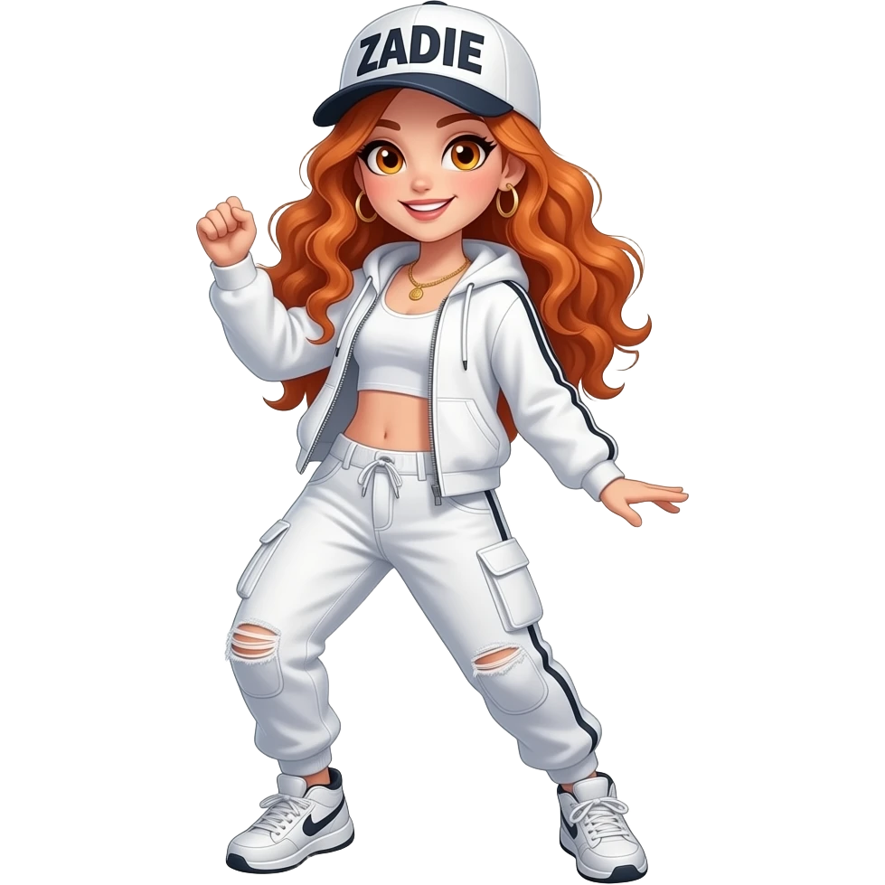 sexy girl with long wavy ginger hair and ginger eyes is wearing a white hip hop outfit and a cap with ZADIE written on it, is dancing, the full body is to seen emoji