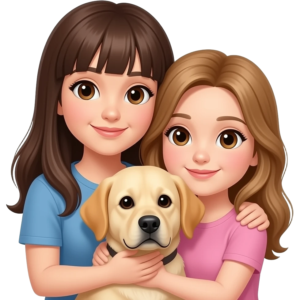 mamma con frangetta e capelli lunghi e una grande figlia adulta  capelli marrone chiaro e occhi marrone abbracciate ad una cagnolina beige emoji