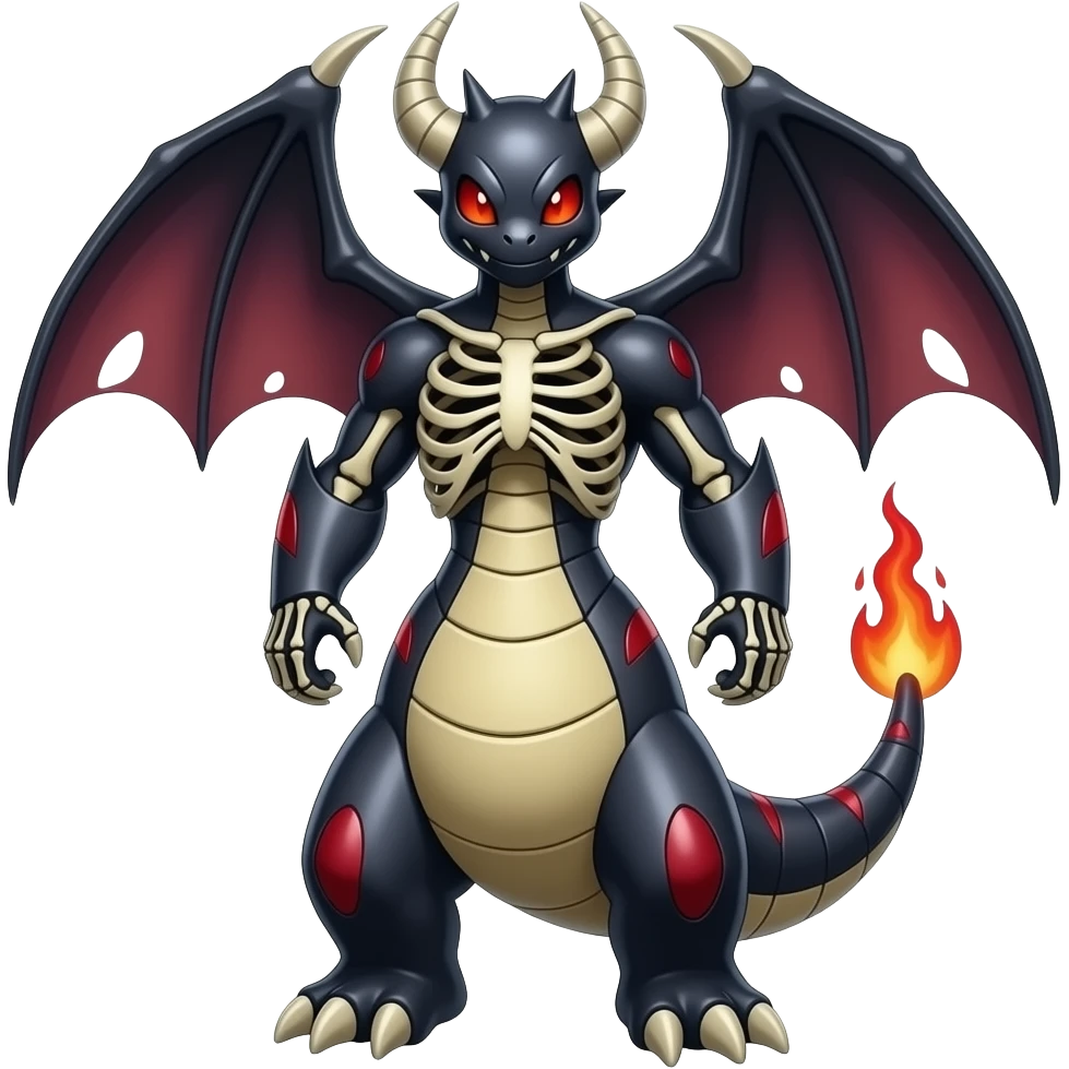 Shiny Horned Badass Edgy Dark Evil Spectral Dusky Spooky Skeletal Cool Hot Stylish Handsome Duskull-Darkrai-Charmeleon-Genesect-Fakémon-fusion (full body) emoji