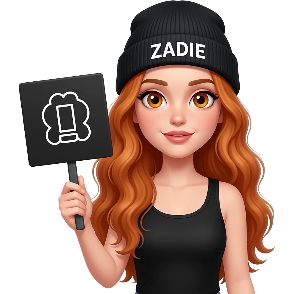 sexy girl with overlong wavy ginger hair and ginger eyes wearing a black tanktop and a black beanie with ZADIE written on it, is holding a black sign with 🩺 on it emoji