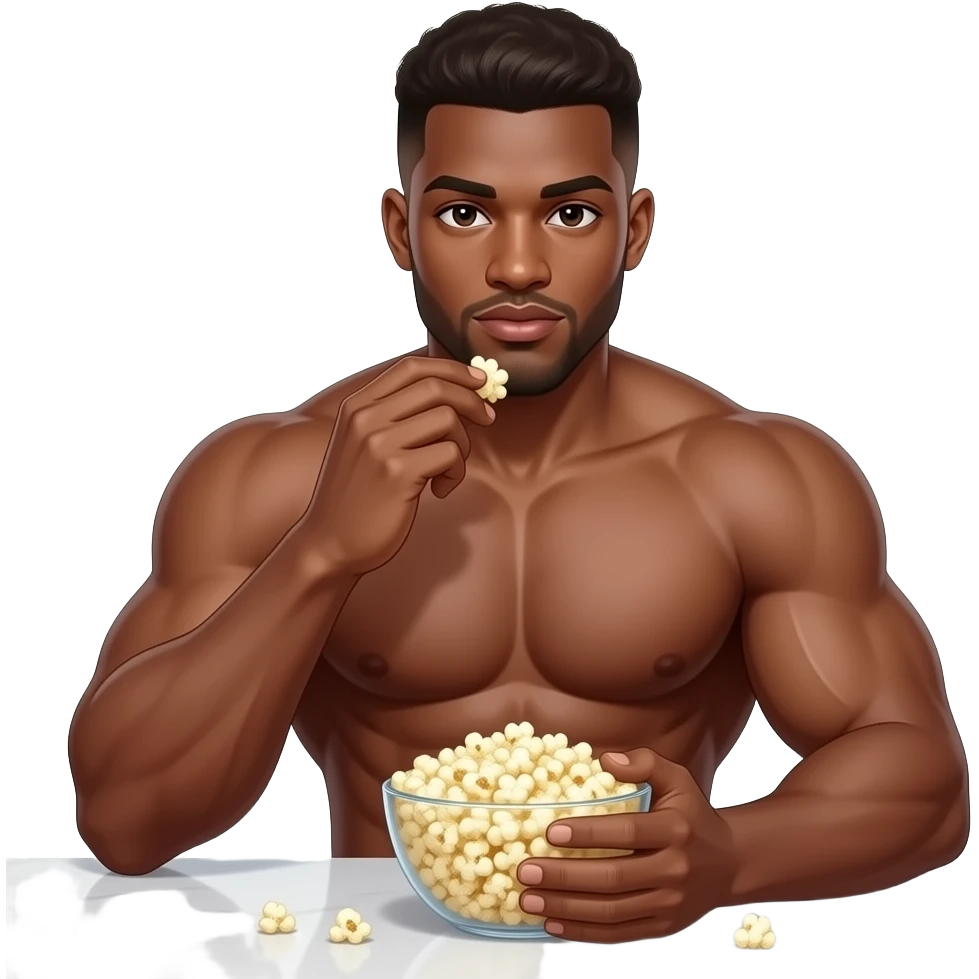 make a black skinned 20 year old man in a brown low taper fade sitting at a white Rich countertop with his shirt off and there are very good abs and there is giant muscles and he’s eating a bowl of popcorn emoji