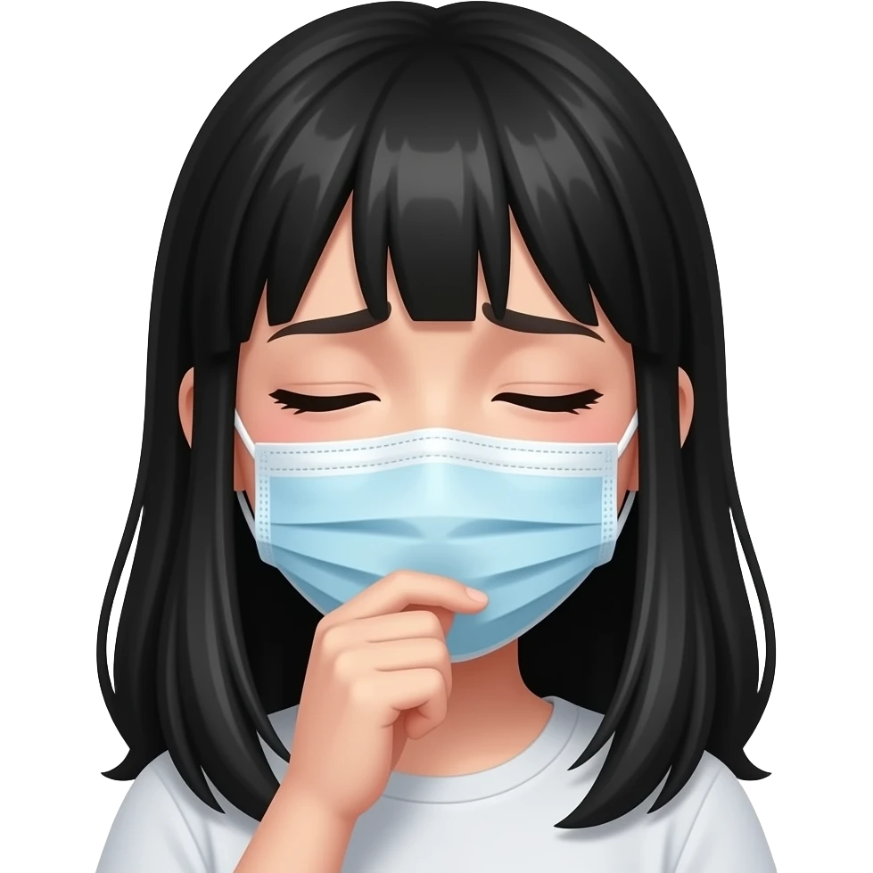 infected girl, pretty, black long hair, blushed face, caughing, wearing mask emoji