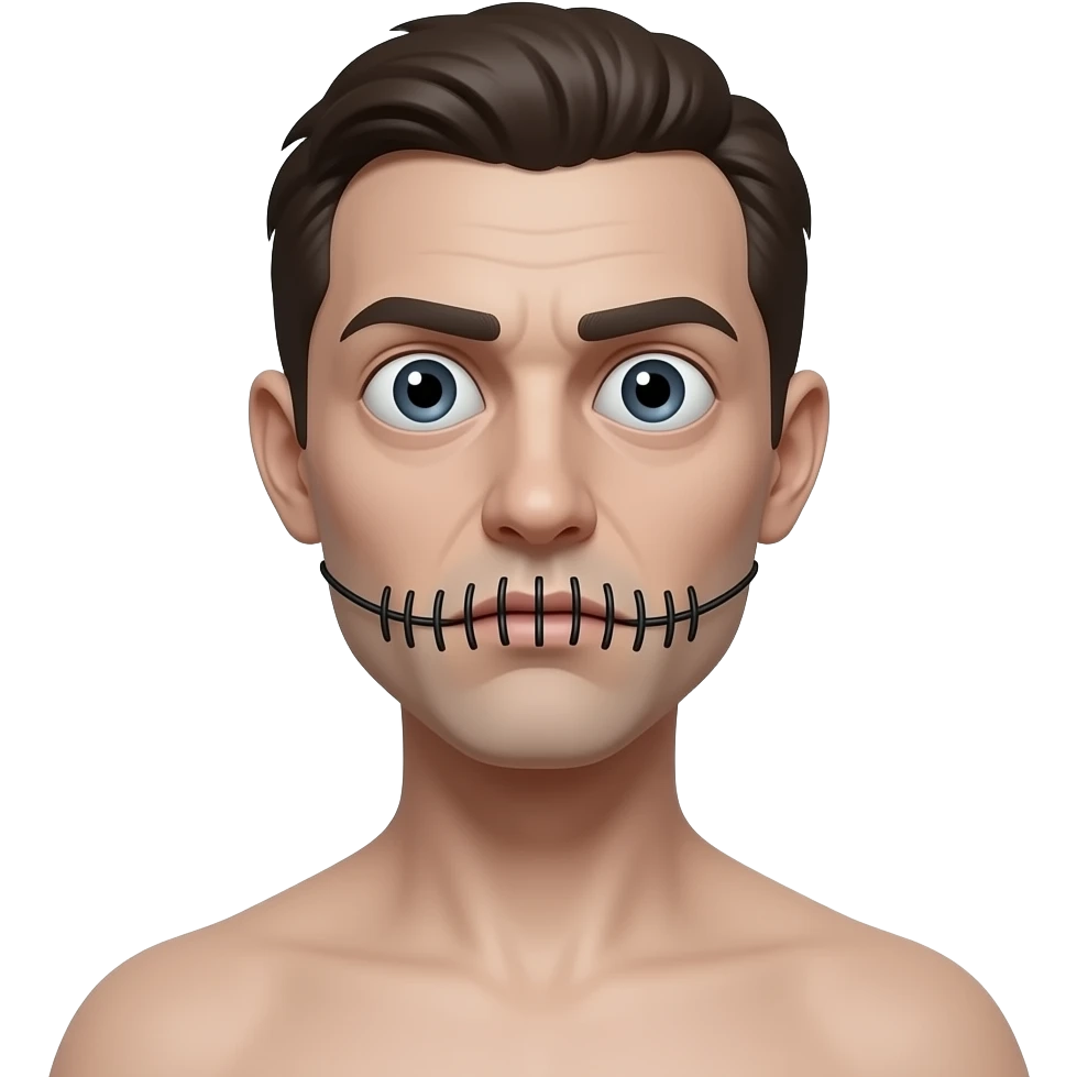 standing tall pale man with massive eyes and a mouth sewn shut tightly with black thread. scary, unnatural look, paranormal, very skinny emoji