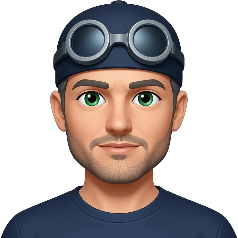 doctor with dark gray hair, beard stubble and green eyes in dark navy scub cap, dark navy shirt with no eyeware emoji