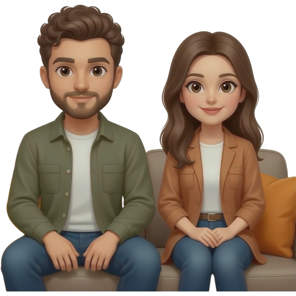 Realistic white man brown super short curly hair with beard being cozy with realistic white woman brown long straight hair on couch autumn emoji