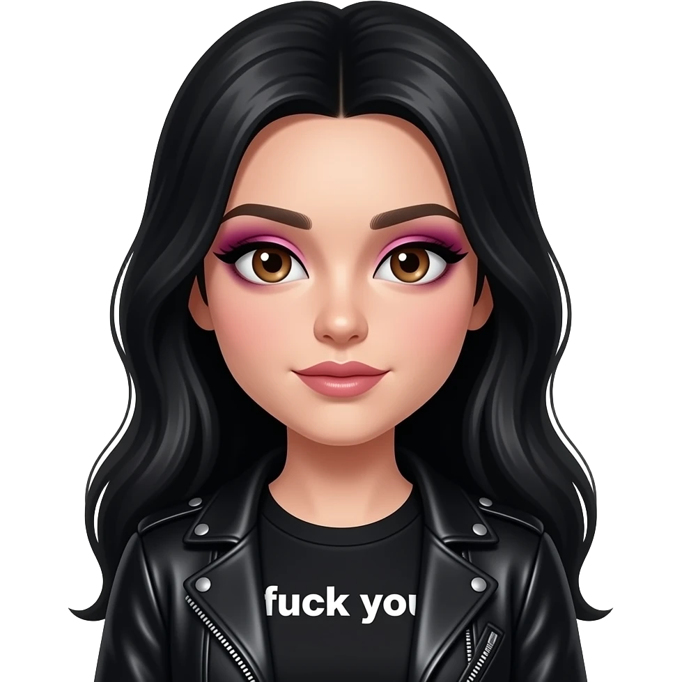 Cute face Hazelnut eyes A white girl black glittery smoky eye make up magenta, hair, long hair, black top with “fuck you” on it and leather black sweater emoji