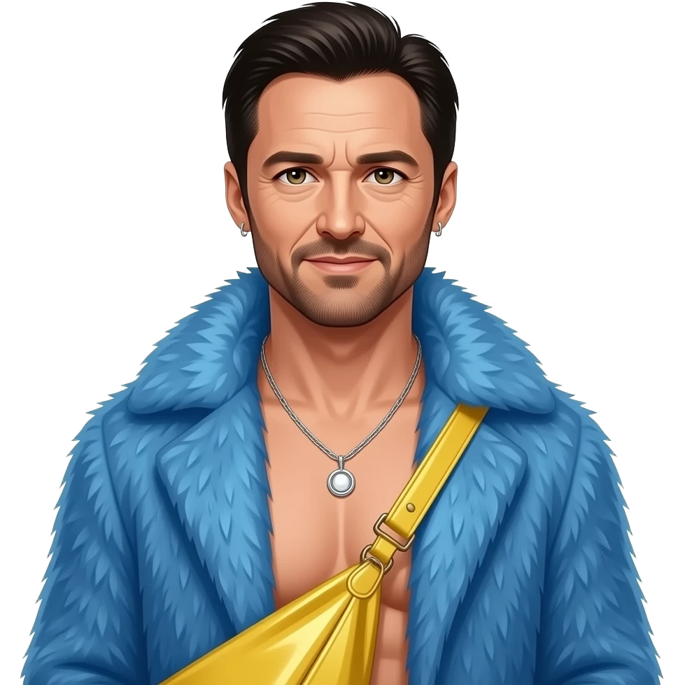 Hugh Jackman with hazel eyes, black hair, blue fur shawl, yellow metallic baggy pants, shirtless with necklace and earrings emoji