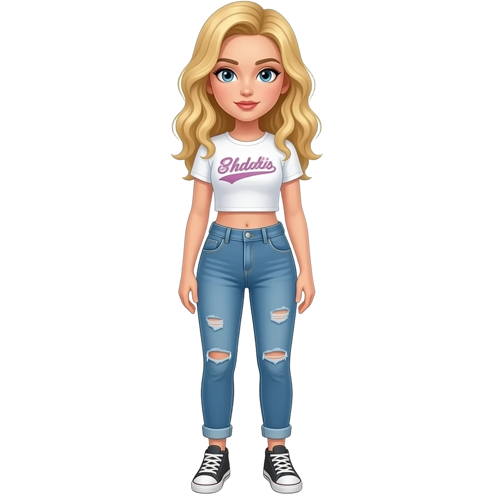 Teenager with blonde wavy hair who is so pretty  baddie  crop top full body with feet emoji