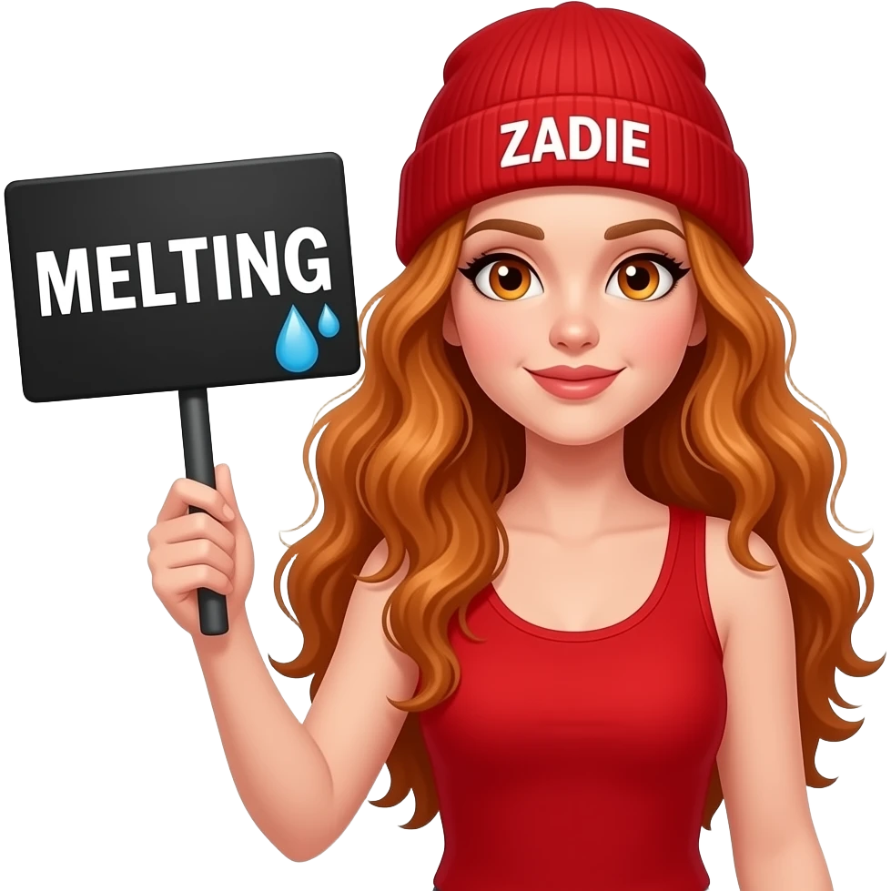 sexy girl with overlong wavy ginger hair and ginger eyes wearing a red tanktop and a red beanie with ZADIE written on it, is holding a black sign with MELTING  💦 written on it emoji