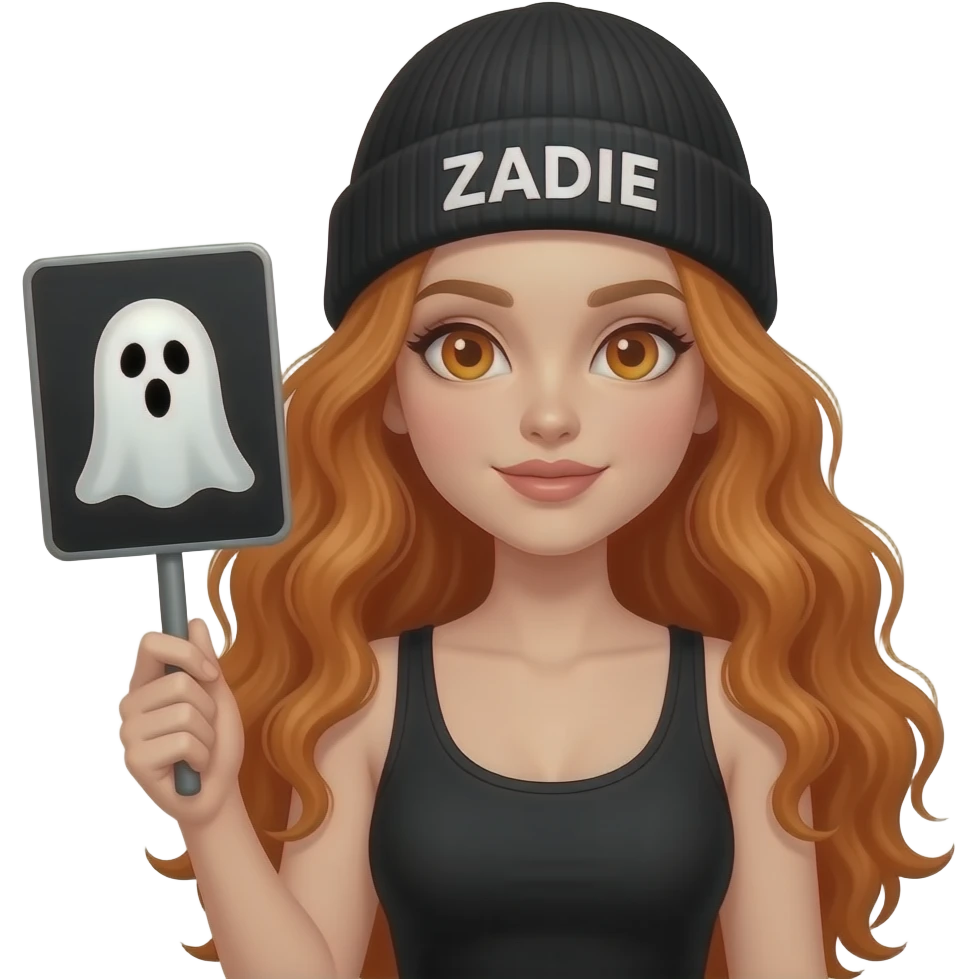 sexy girl with overlong wavy ginger hair and ginger eyes wearing a black tanktop and a black beanie with ZADIE written on it, is holding a black sign with 👻 on it emoji