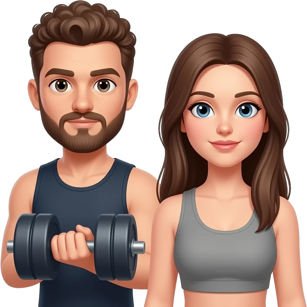 Realistic white man brown super short curly hair with beard working out with realistic white woman brown long straight hair aesthetic emoji