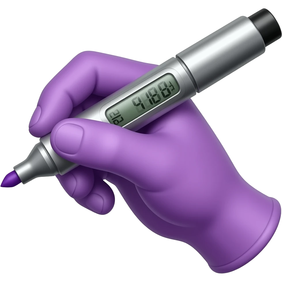 female hand in purple simple glove writing with big bold metallic marker, small display timer on the marker emoji