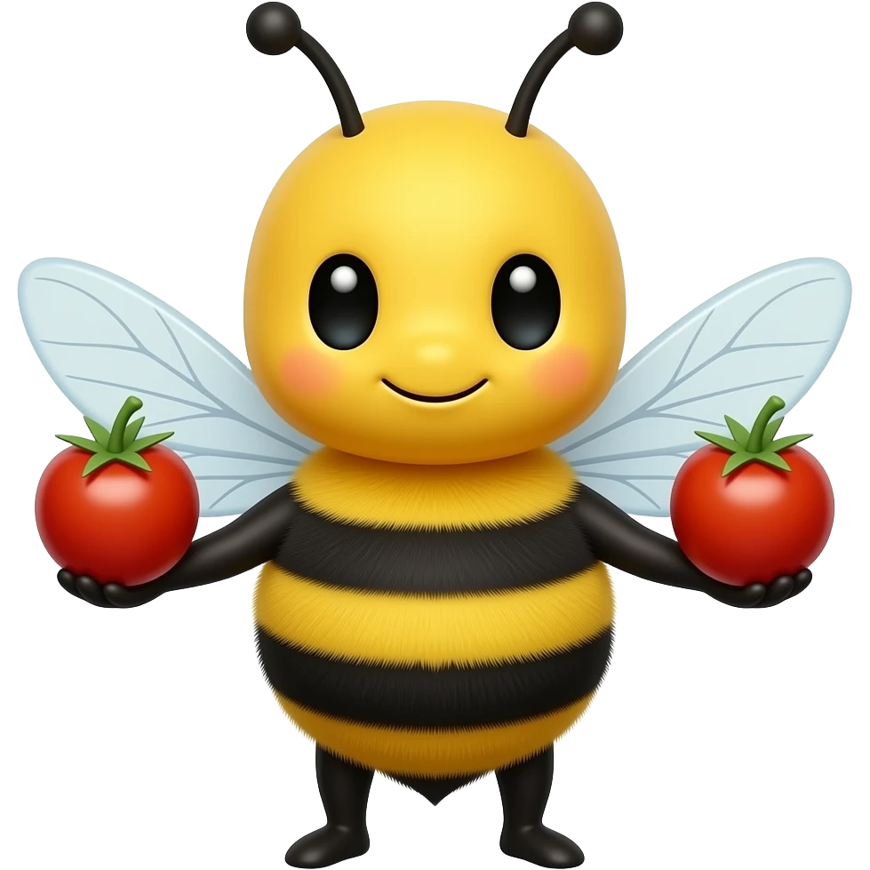 A cute bumblebee holding a cherry tomato in each hand emoji