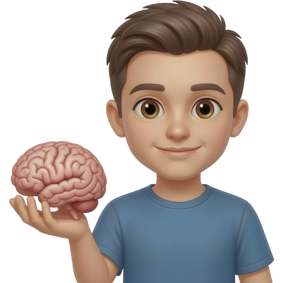 Shaved boy with brown eyes holding a brain in his hand emoji