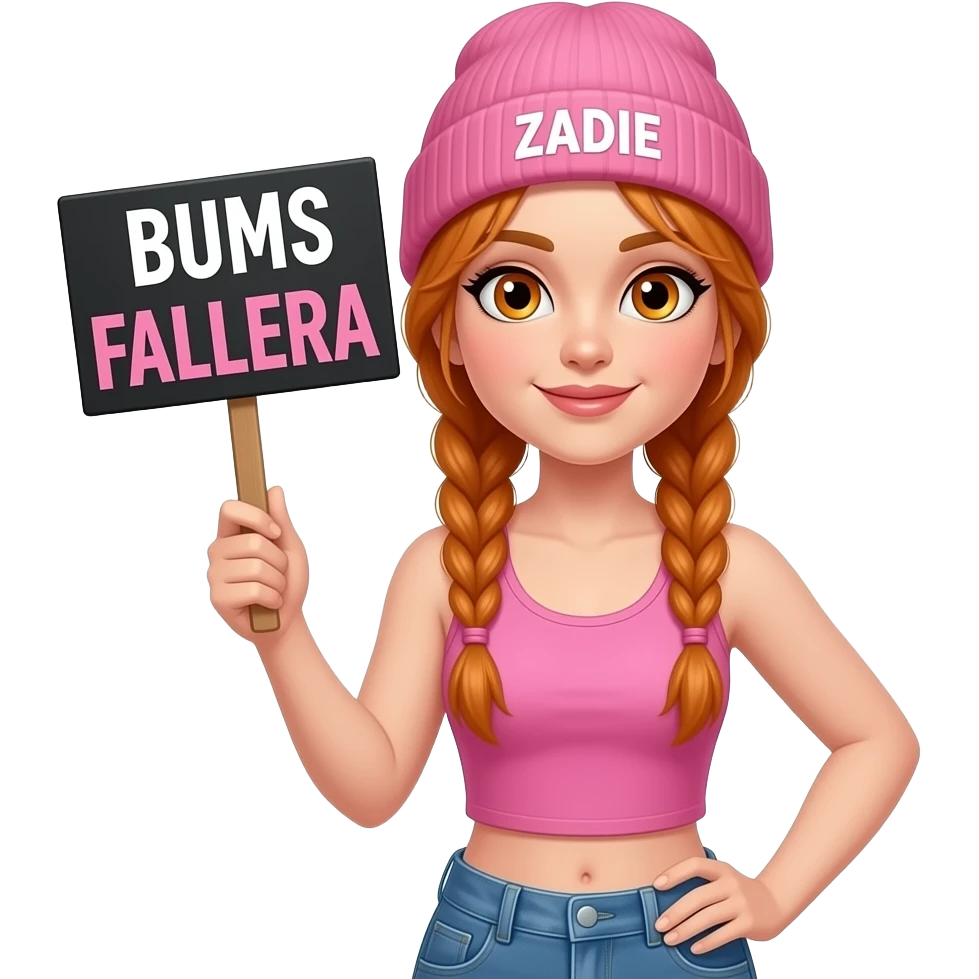 sexy girl with overlong ginger braids and ginger eyes wearing a pink tanktop and a pink beanie with ZADIE written on it, is holding a black sign with BUMS FALLERA written on it emoji