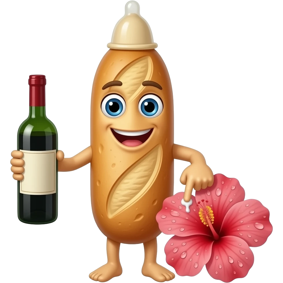 Baguette avec bouche yeux et bras, avec un preservatif sur le haut de la tete et une bouteille de vin dans la main. L'autre main a 2 doigts tendus et collés touchant le centre d'un hibiscus qui a beaucoup de gouttes d'eau sur les petales. Le bout du preservatif est rempli d'un liquide blanc emoji