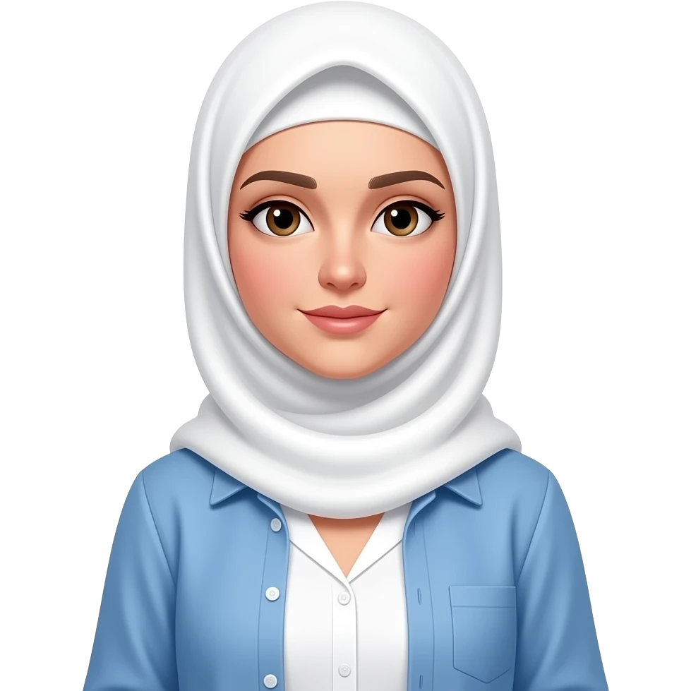 I want an emoji of a veiled girl wearing a white blouse, over which is an open white and blue shirt (like a picnic fabric), and a white hijab. emoji
