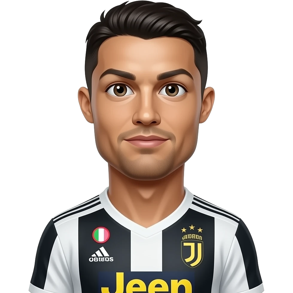 Top left Cristiano Ronaldo emoji, Juventus jersey, extra floating realistic eye object hidden under chin, visible but blended into beard shadow, bright 3D cartoon style. emoji