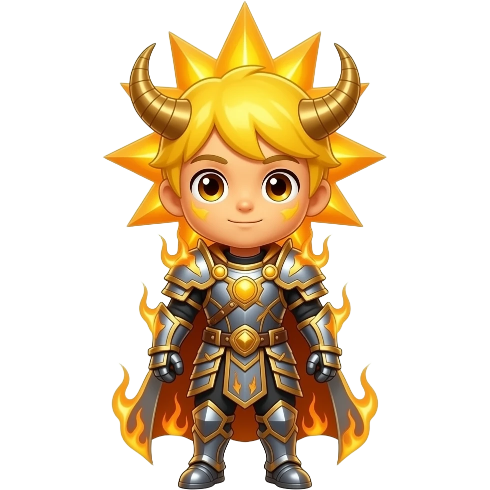 A chibi boy from a sun-core kingdom, full body, blinding solar-yellow ...