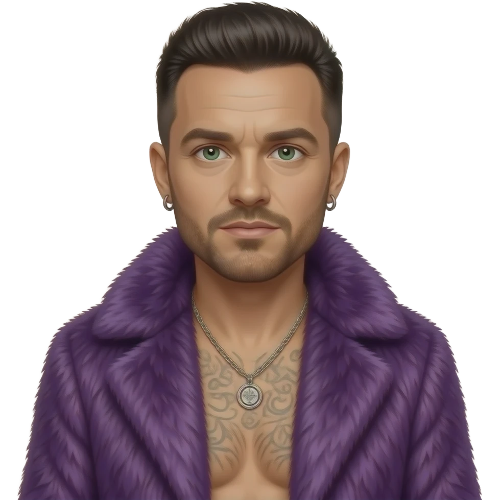 Robbie Williams with dark green eyes, black hair, Purple fur shawl, Crimson metallic baggy pants, shirtless with necklace and earrings emoji