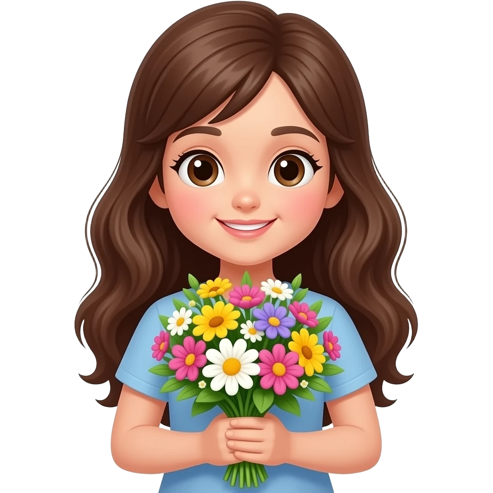young cute girl holding flowers bouquet with both hands emoji