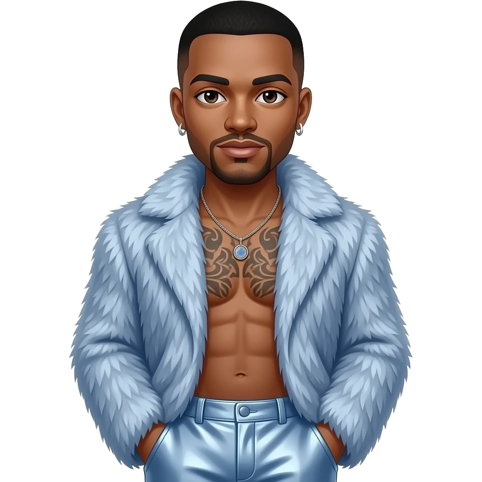 O'Shea "Ice Cube" Jackson with dark brown eyes, black buzz cut hair, light steel blue fur shawl, light steel blue metallic baggy pants, shirtless with necklace and earrings emoji