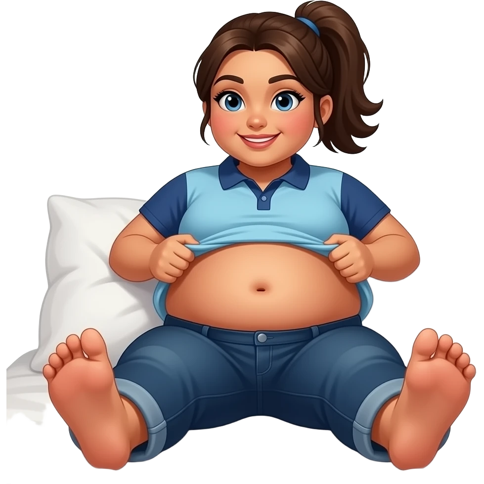 Obese Hispanic girl with brown ponytail blue eyes and light blue and dark blue polo with chubby belly button and dark blue baggy jeans laying down on bed showing her feet lifting her shirt up showing her belly button emoji