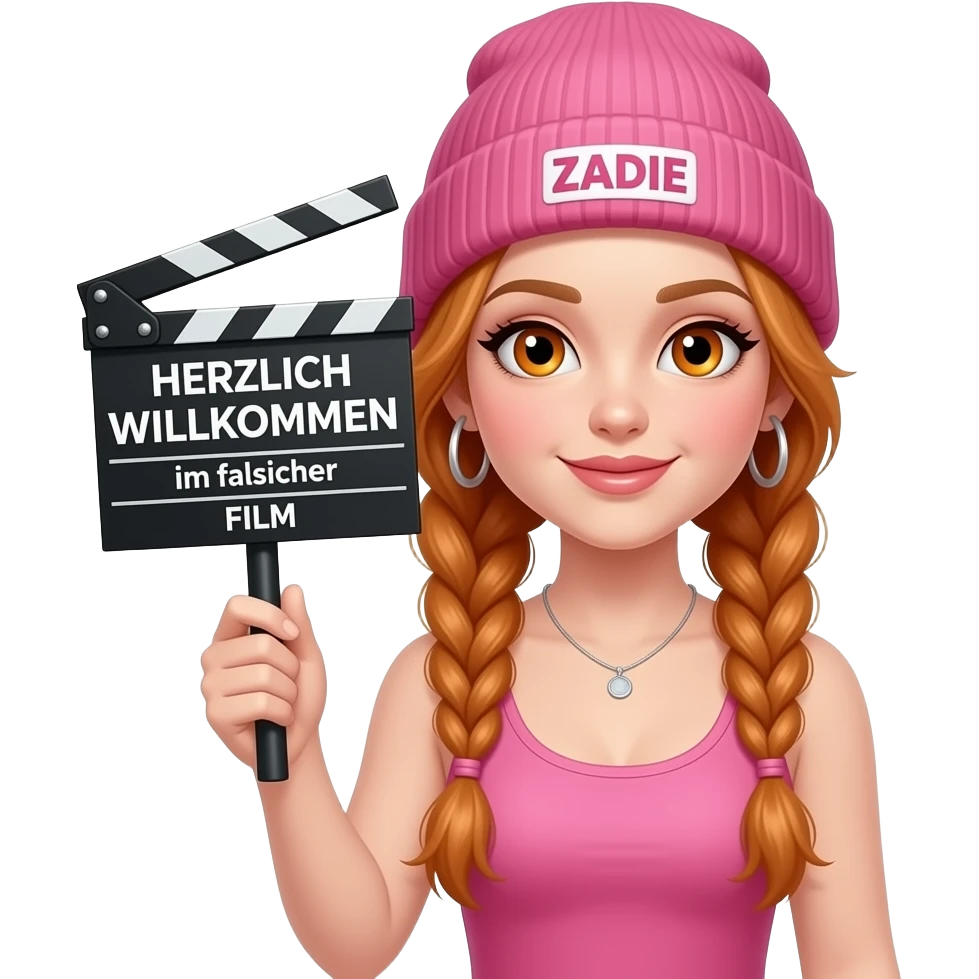 sexy girl with overlong ginger braids and ginger eyes wearing a pink tanktop and a pink beanie with ZADIE written on it, is holding a black sign with HERZLICH WILLKOMMEN im falschen FILM written on it emoji