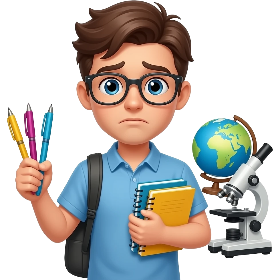 розгублений учень який тримае три ручки два зошита глобус й мікроскоп emoji