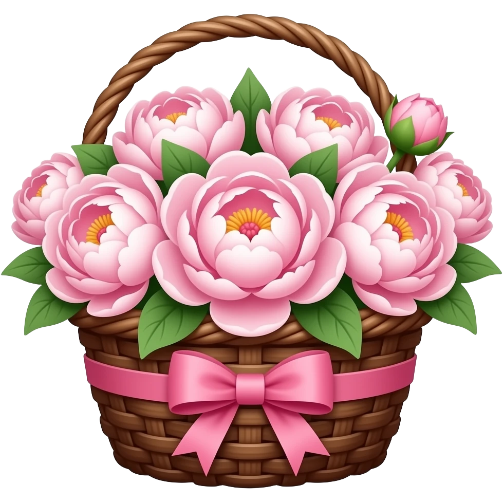 peonies in a dark brown basket with a pink bow emoji