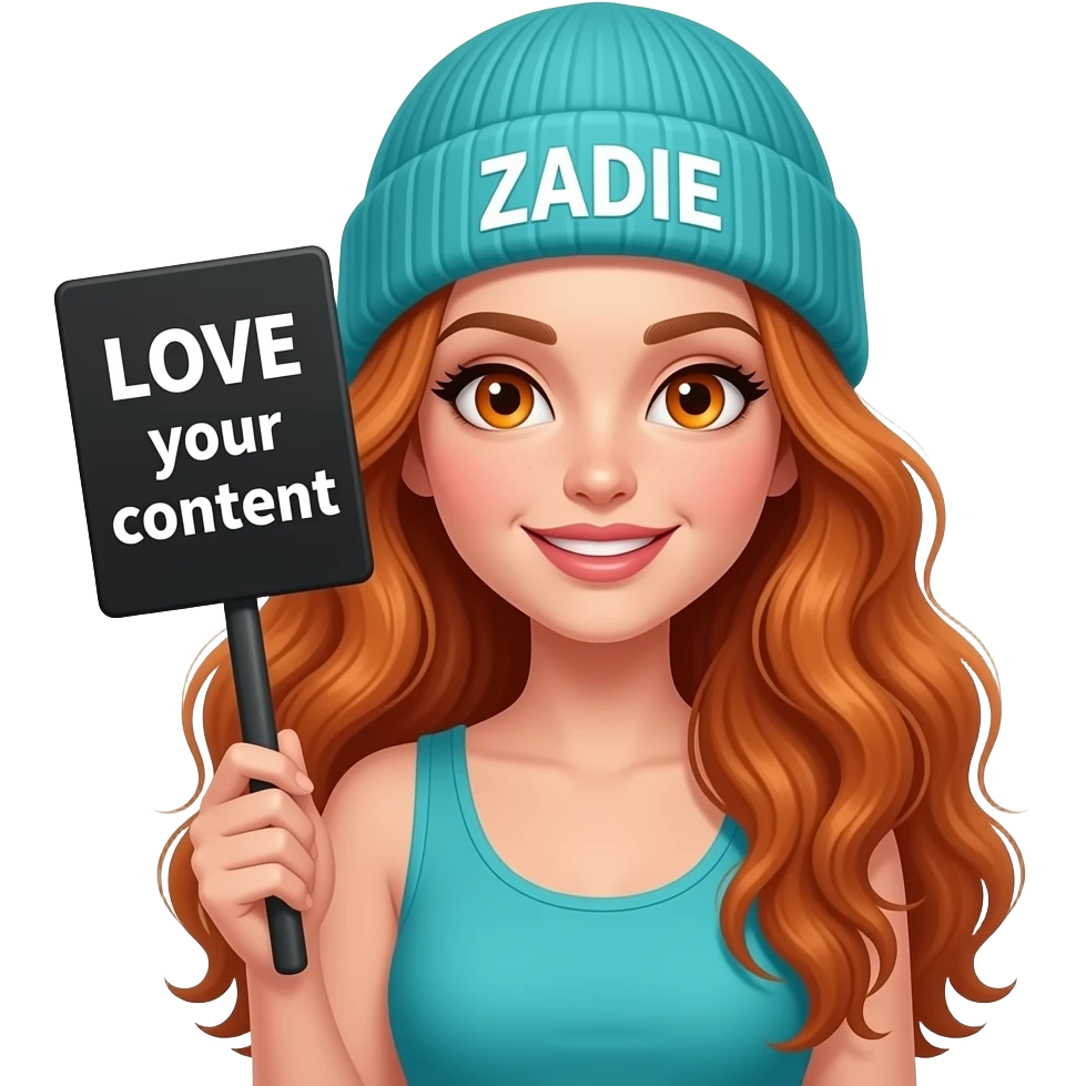 sexy girl with overlong wavy ginger hair and ginger eyes wearing a turquoise tanktop and a turquoise beanie with ZADIE written on it, is holding a black sign with LOVE your content written on it emoji
