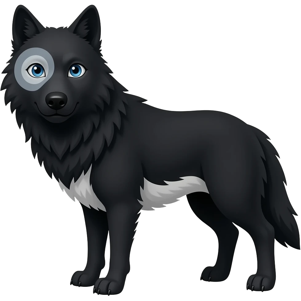 black wolf with blue eyes and greyish white markings over the left eye around the eye,  and a bit of white on theunderbelly and tail emoji