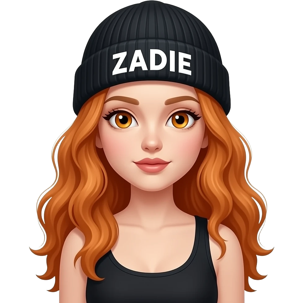sexy girl with overlong wavy ginger hair and ginger eyes wearing a black tanktop and a black beanie with ZADIE written on it,  is hitting to the front emoji