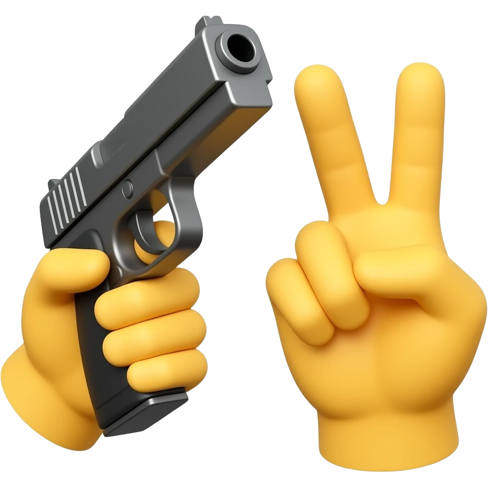 one yellow hand holding a gun, other hand showing victory emoji