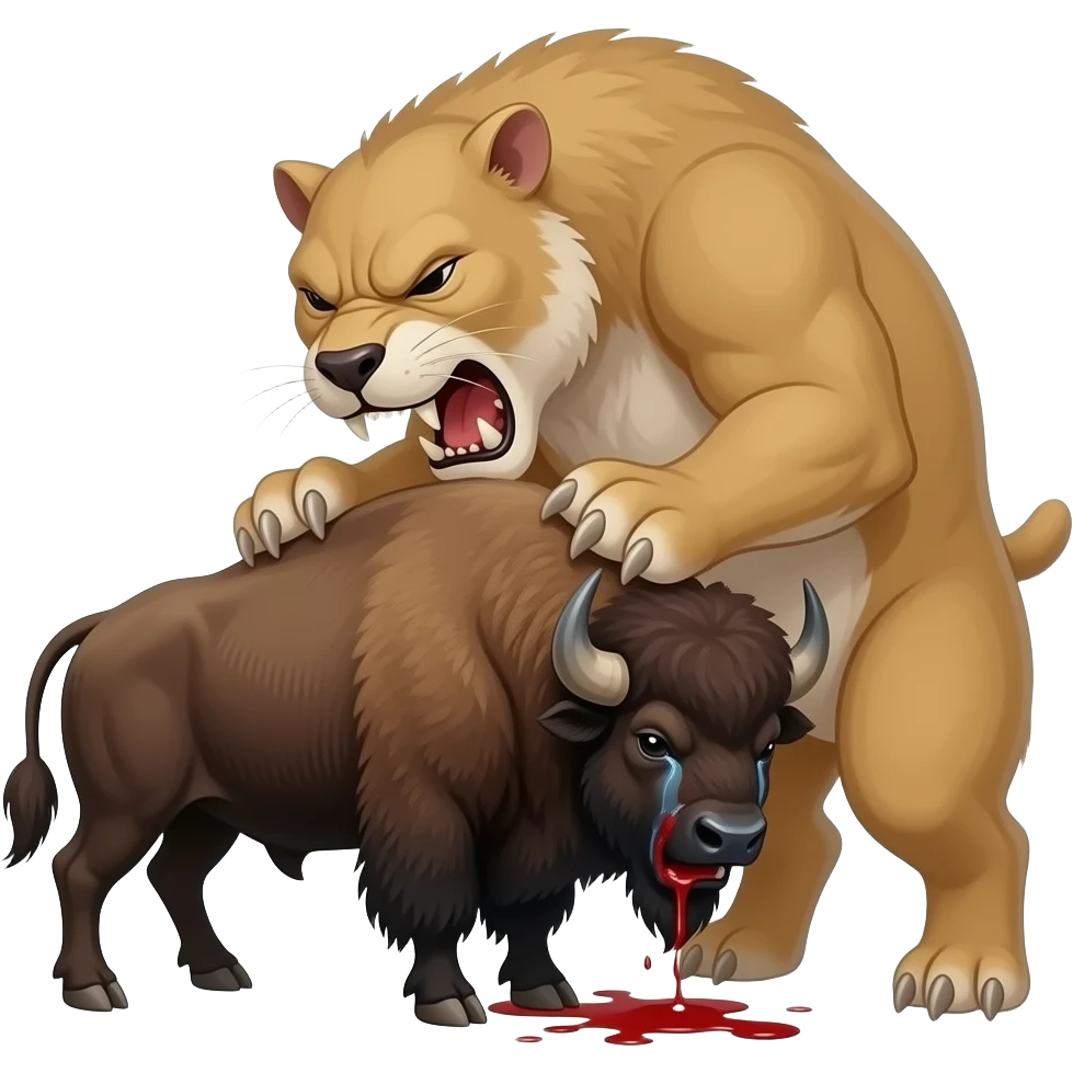 Angry smilodon closes eyes tightly and bit the bisons back and made it bleed and cry emoji