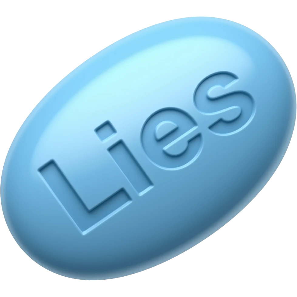 A blue oblong pill with "Lies" engraved in it. emoji
