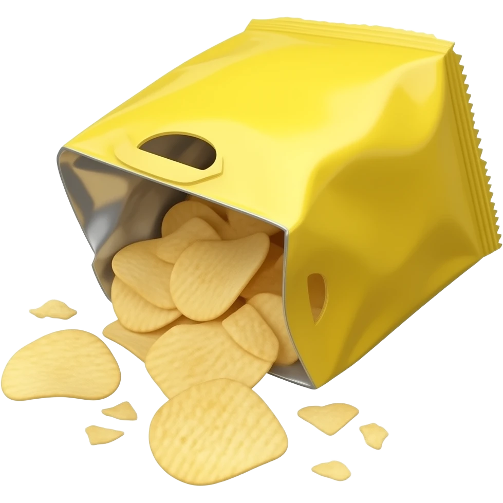 yellow empty crumbled chipsbag with some crumbs coming out. the inside is has an aluminium colour emoji