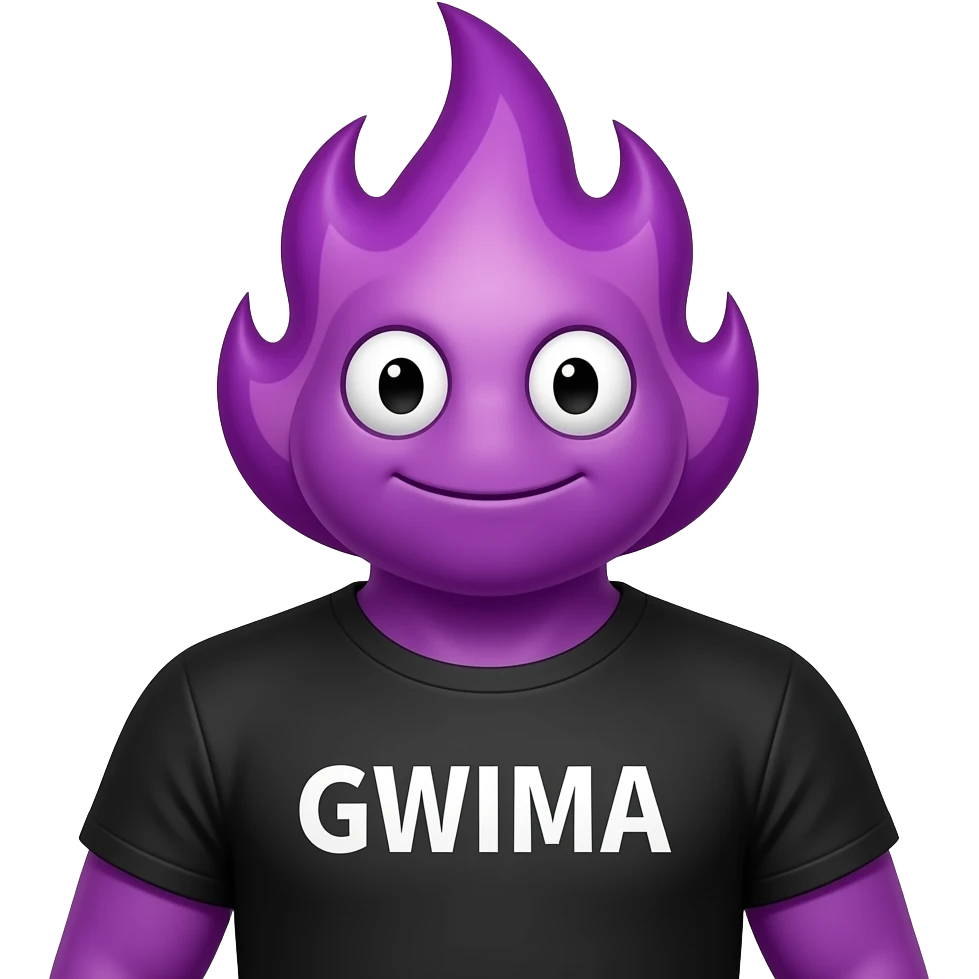 a giant purple fire wearing a black tshirt that says GWIMA emoji
