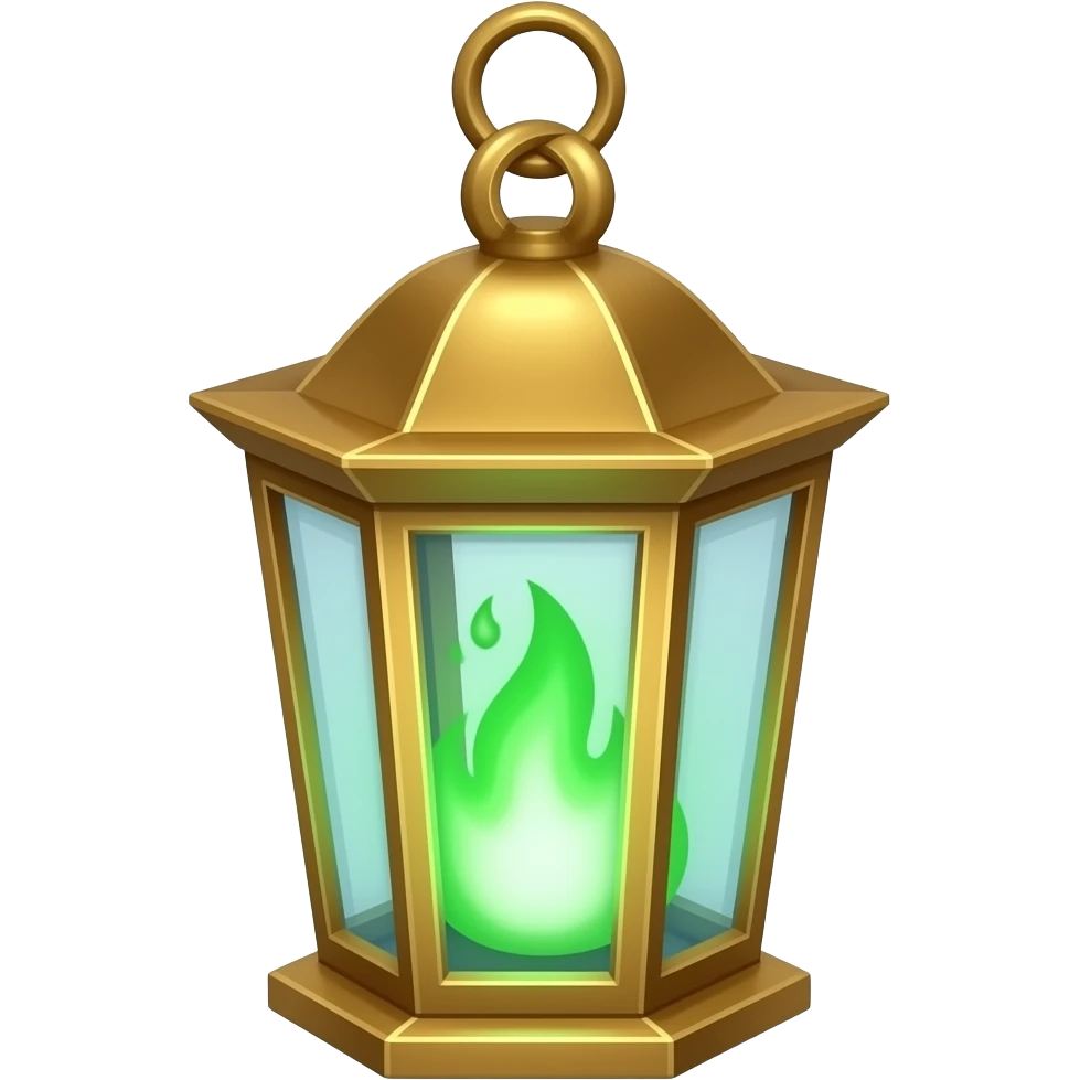 A gold hanging lantern with a bright  green flames, an empty loop on top, fae themed emoji