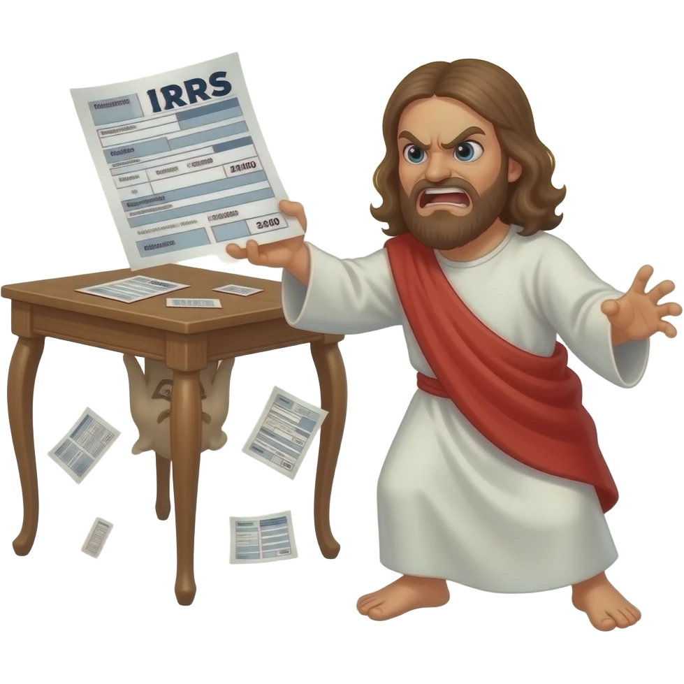 Angry Jesus throwing upside down table with IRS taxes emoji