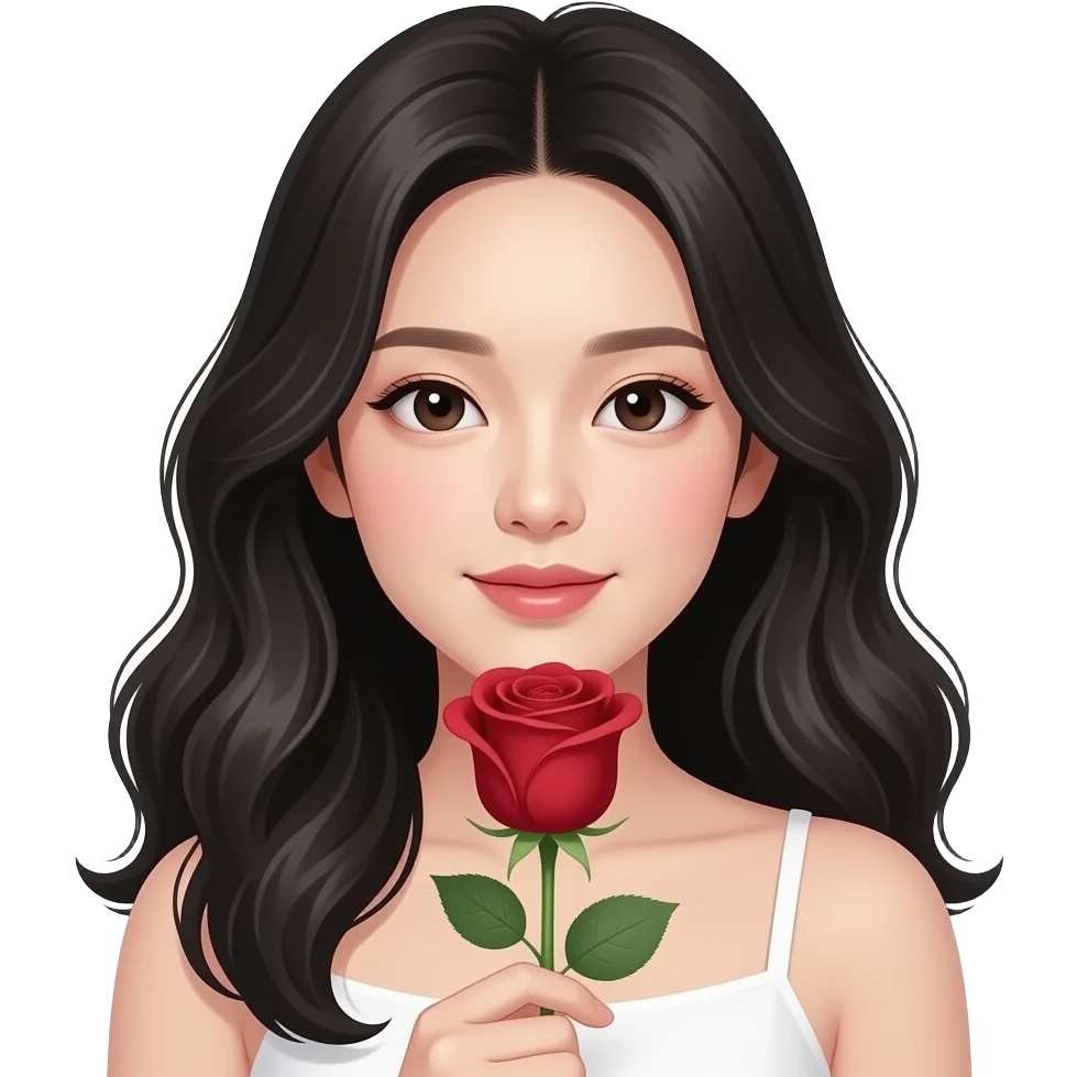 Mujer coreana recibiendo una rosa, que la chica sea piel muy clara, cabello ondulado y negro y con ojos asiáticos emoji