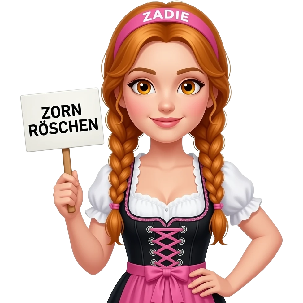 sexy girl with overlong ginger braids and ginger eyes wearing a black pink dirndl and a pink headband with ZADIE written on it, is holding a sign with ZORN RÖSCHEN written on it emoji