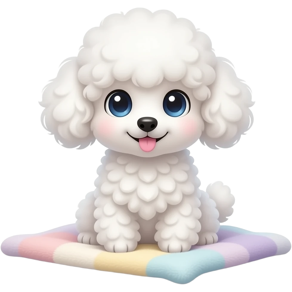 A cute fluffy white toy poodle sitting on a soft pastel blanket, huge sparkling eyes, curly fluffy fur, tiny pink tongue sticking out, cozy warm lighting, ultra adorable expression, detailed fur texture, soft shadows, kawaii aesthetic, high quality, centered composition emoji