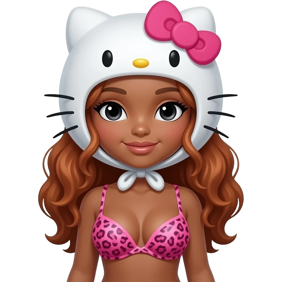 Big breast, Dark brown skin hello kitty girl, Black eyes, copper hair, with pink leopard print bra emoji