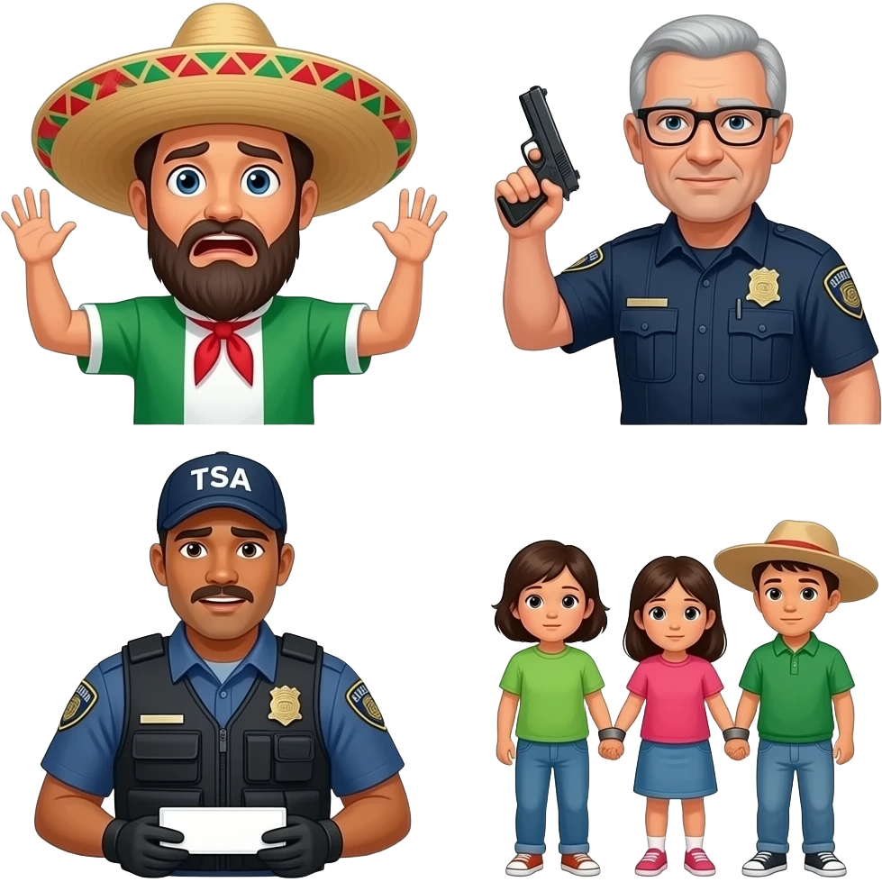 Hands up dont shoot scared mexican in a sombrero add a TSA agent with a gun add an ice agent with an ICE CBP vest arresting children emoji