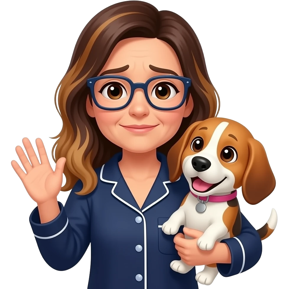 50-year-old tired woman with dark brown eyes,  long brown balayage hair, parted on the left, with pale skin, with dark navy rectangular glasses, holding a beagle that looks happy. She is wearing a navy pajamas. The beagle has a pink collar. The woman is waving goodbye. There are Zzz above her head emoji