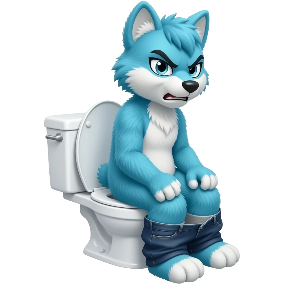 blue furry fursuit sitting on toilet, side view, pants down, looking forward with angry face, textbox saying "i'm taking a dump!" emoji