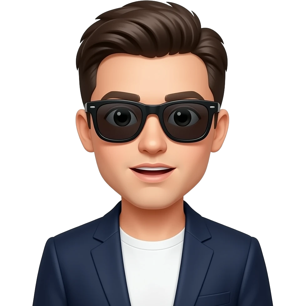 cute young man with completely dark sunglasses in white tshirt and navy blazer, his mouth is opened, eyes small, face round, short neck emoji